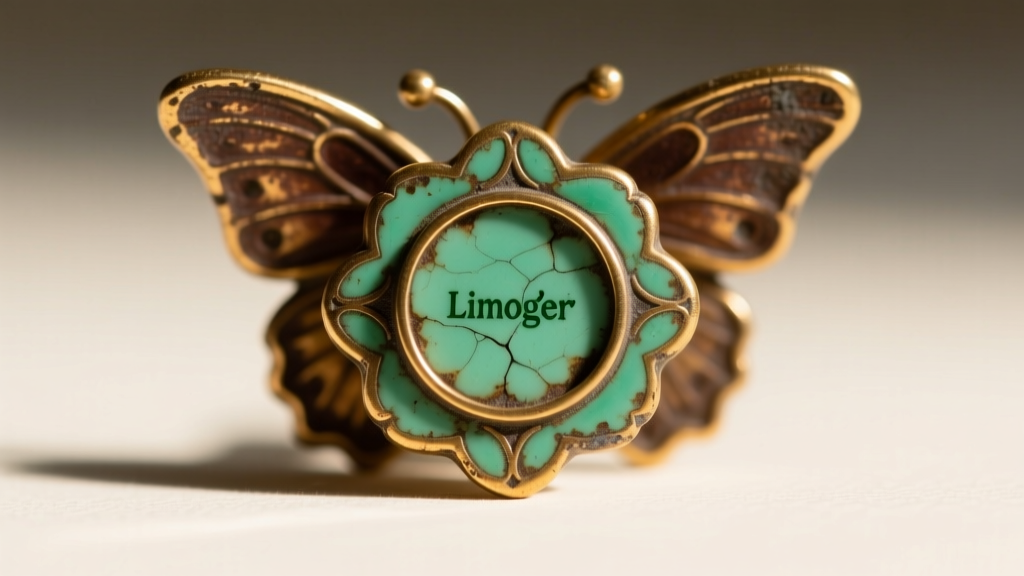 Close-up of vintage Limoges earring back showing a faded green maker mark and tarnished brass butterfly friction clutch backing