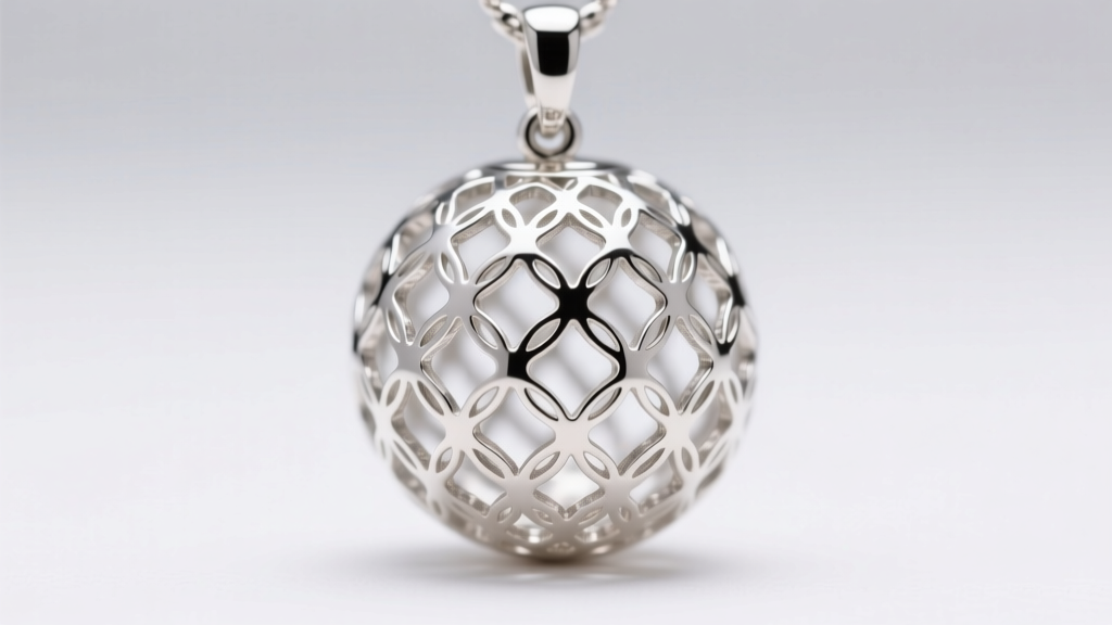 Macro photography of a hollow sterling silver orb pendant with intricate filigree cutouts, showing the 2mm thickness of the metal.