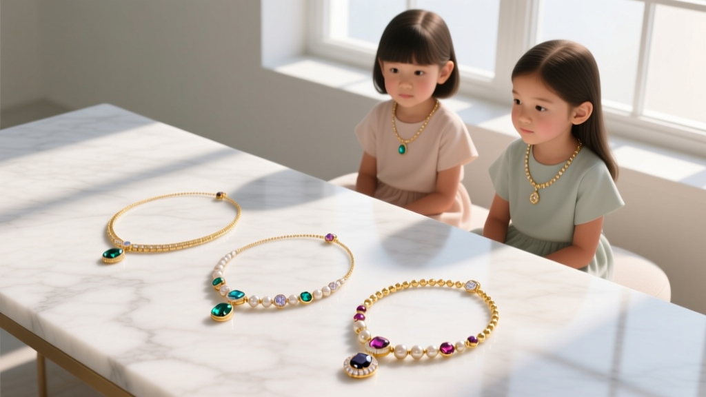 Overhead shot of three necklace with children's names on marble: interlocking gold circles, curved silver bar, and vertical tag.