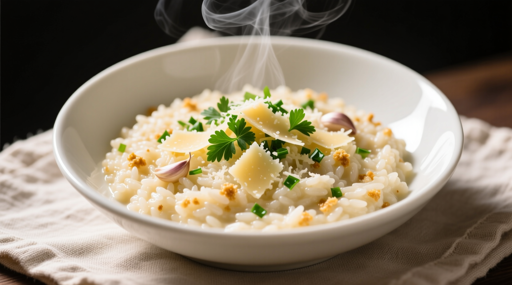 Creamy garlic parmesan risotto in white bowl with fresh parsley