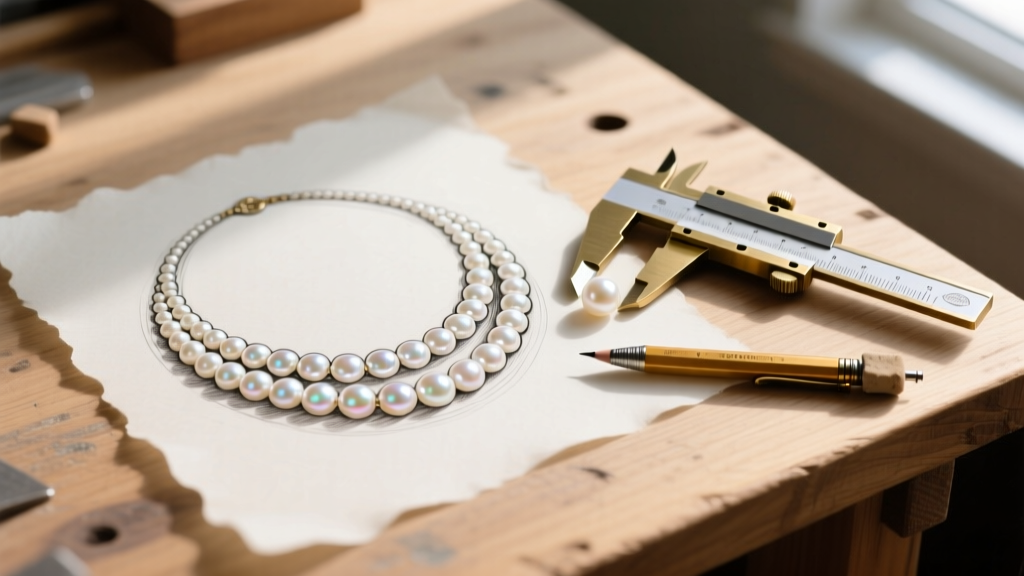 Vellum sketch of a layered pearl necklace next to a 0.3mm mechanical pencil and brass calipers on a wooden jeweler's workbench.
