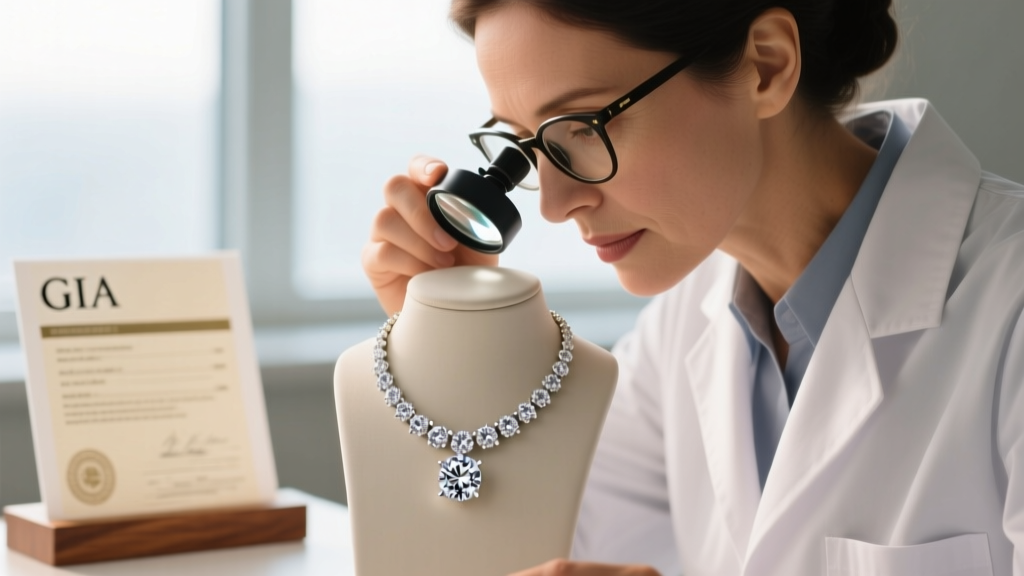 Gemologist using a loupe to inspect a diamond necklace, with a GIA certificate visible in the soft, warm background lighting
