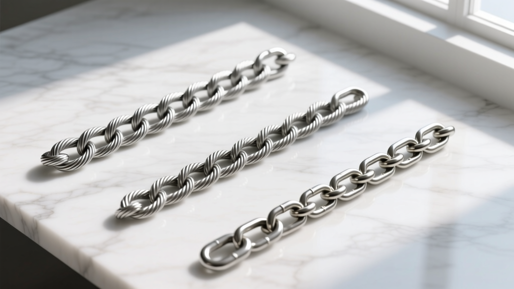 Overhead flat lay comparing a 1.2mm cable chain, 1.5mm rope chain, and 0.8mm box chain on a white marble surface background.