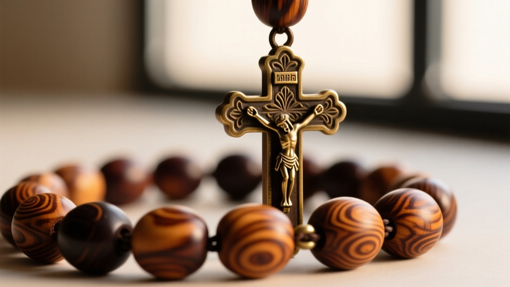 Macro shot of carved Bethlehem olive wood rosary beads with a brass crucifix, showcasing the natural wood grain and dark patina