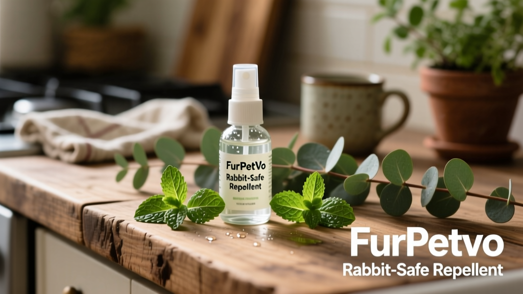 Small glass spray bottle labeled 'FurPetVo Rabbit-Safe Repellent' next to fresh mint leaves and eucalyptus stems on a wooden counter