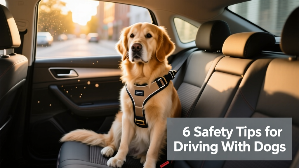 A calm, well-secured dog sitting comfortably in the back seat of a car with a seatbelt harness