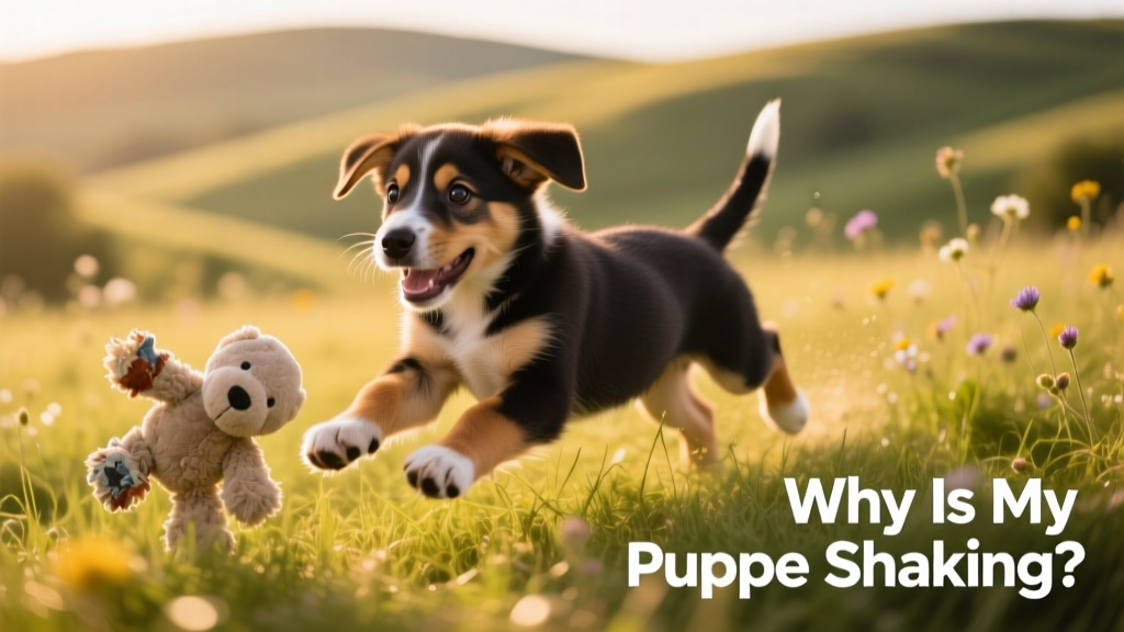 Happy, healthy puppy playing outdoors with a soft toy, showing confident movement and bright eyes