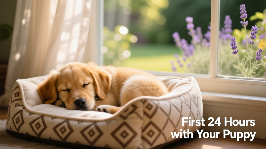 A sleepy puppy curled up on a plush, patterned dog bed beside a window with soft natural light