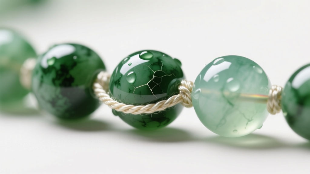 Macro shot of 4mm natural jade rice beads on knotted silk thread, highlighting the mottled green texture and rich luster.