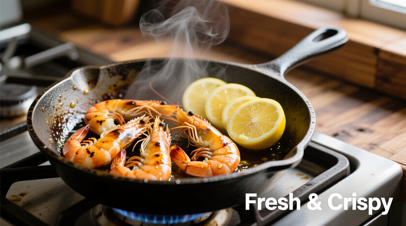 Perfectly reheated cooked shrimp in skillet with lemon