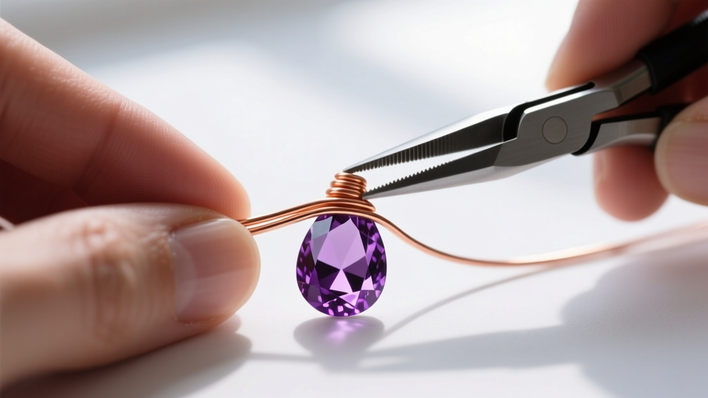 Hands using chain-nose pliers to wrap 24-gauge dead-soft copper wire around the neck of a teardrop amethyst briolette gemstone.