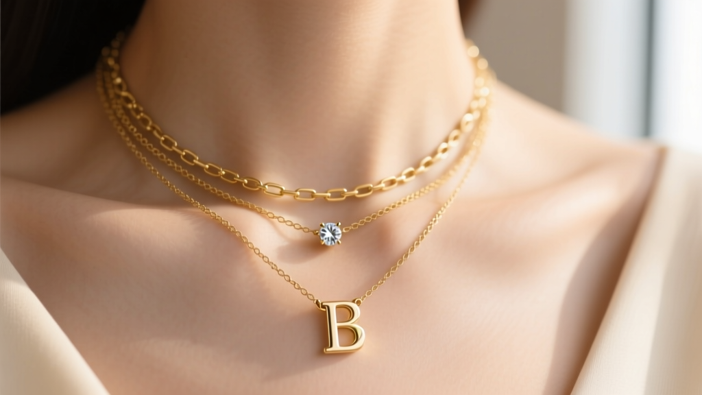 Layered 14k gold necklace stack on collarbone, featuring a tiny letter pendant and small diamond solitaire in soft natural light.