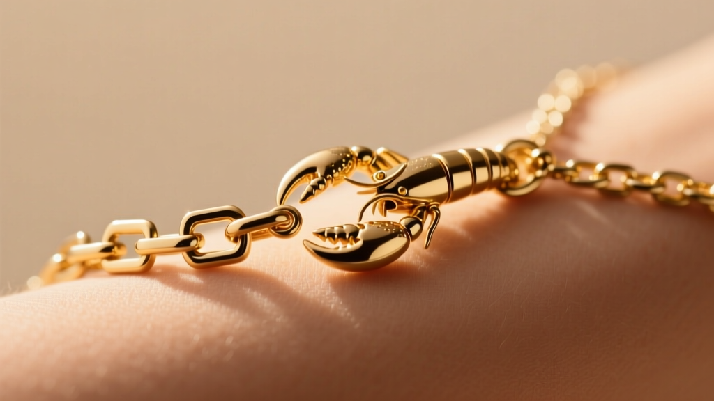 Close-up of a 14k gold box chain scapular clasp, showing a lobster claw and square links on skin under warm, soft natural lighting.