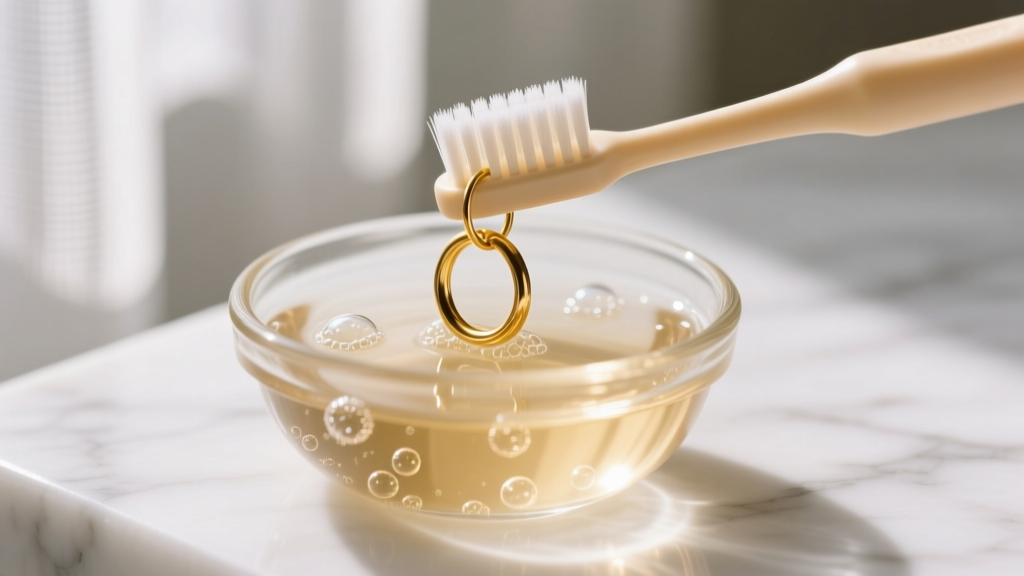 A soft-bristled baby toothbrush gently scrubbing a thin 20-gauge gold hoop earring in a small glass bowl of warm soapy water