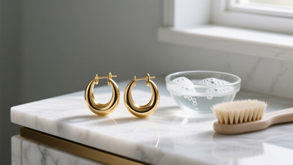 Gold-plated fashion hoop earrings on a marble vanity next to a small glass bowl of soapy water and a soft bristle cleaning brush.