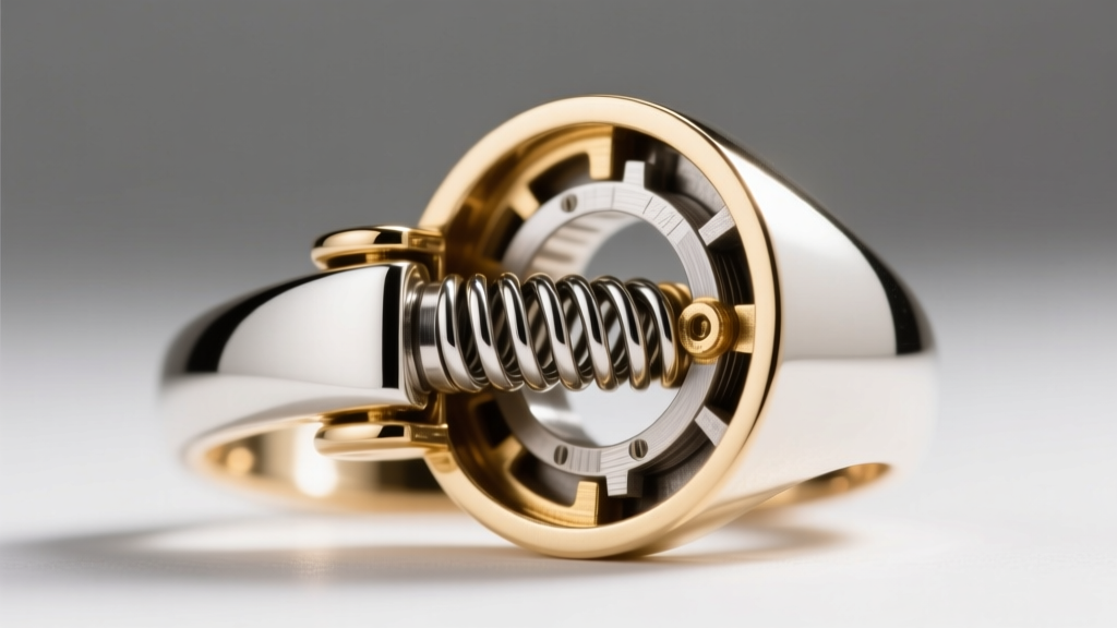 Cross-section of a 1920s 14k white gold spring ring clasp showing the internal carbon steel spring mechanism and brass housing.