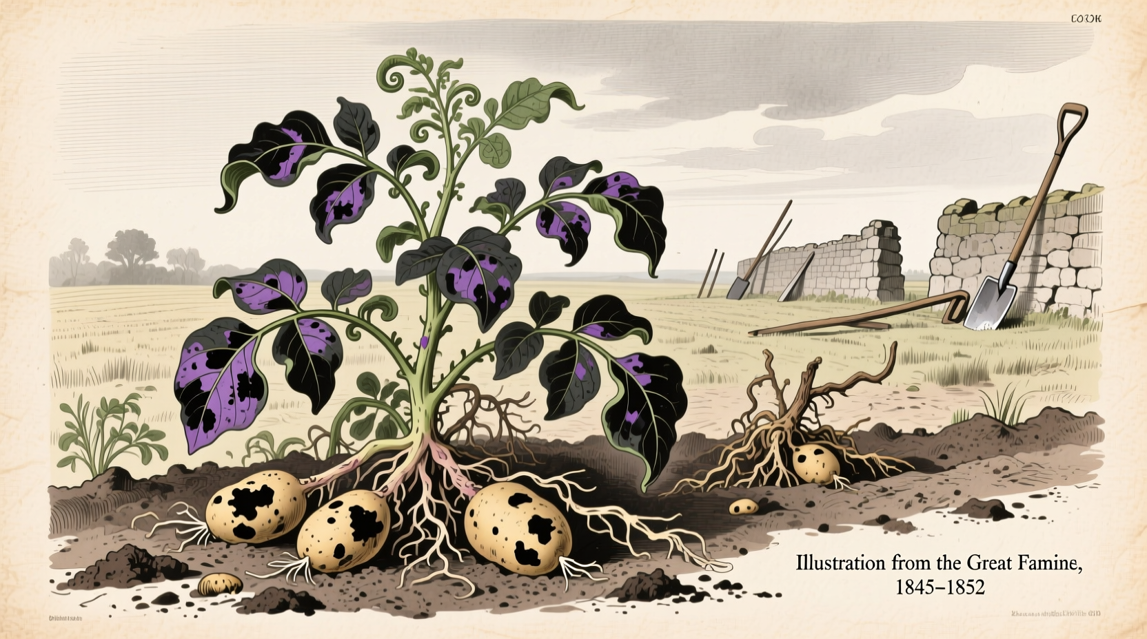 Historical illustration of potato blight damage on crops