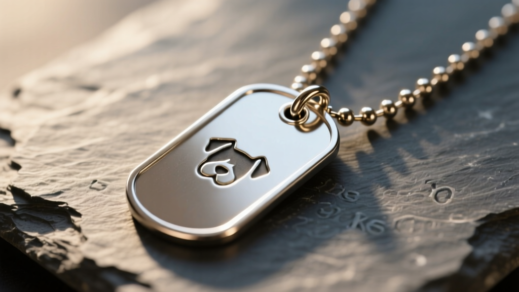 Macro shot of a steel necklace dog tag on slate, showing deep stamped text and a ball chain in warm light.