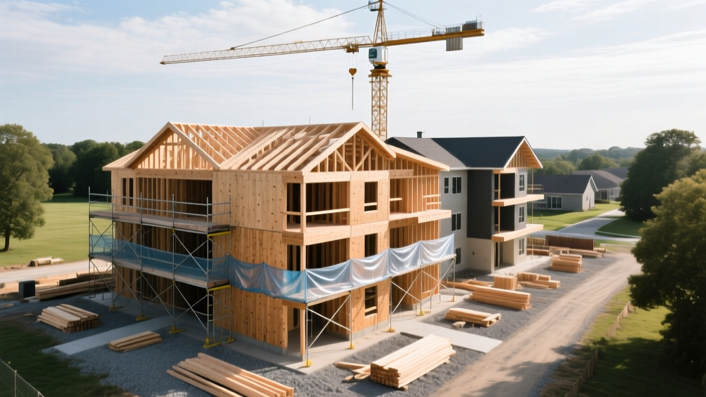 Aerial view of a modern four-story wood-framed apartment building under construction with cranes and exposed timber framing in a suburban setting
