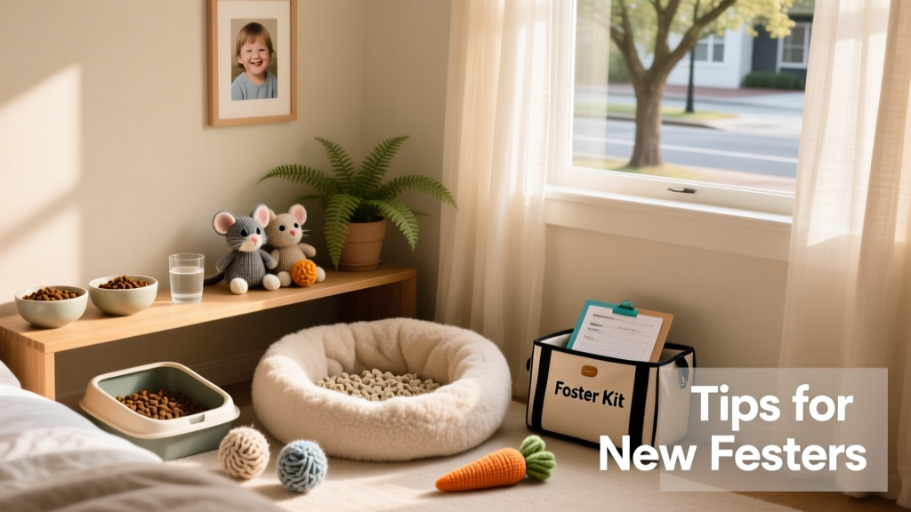 A cozy, clean foster space with a warm nest, litter box, food bowls, and soft toys arranged in a quiet bedroom