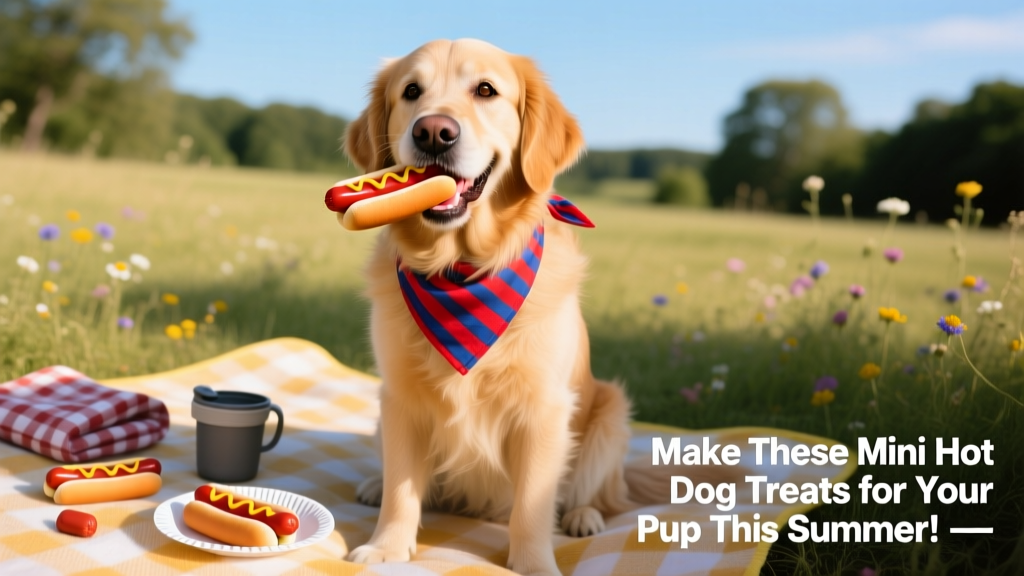 A happy golden retriever sitting beside a picnic blanket, gently holding a mini hot dog treat in its mouth, with a festive red-and-blue bandana