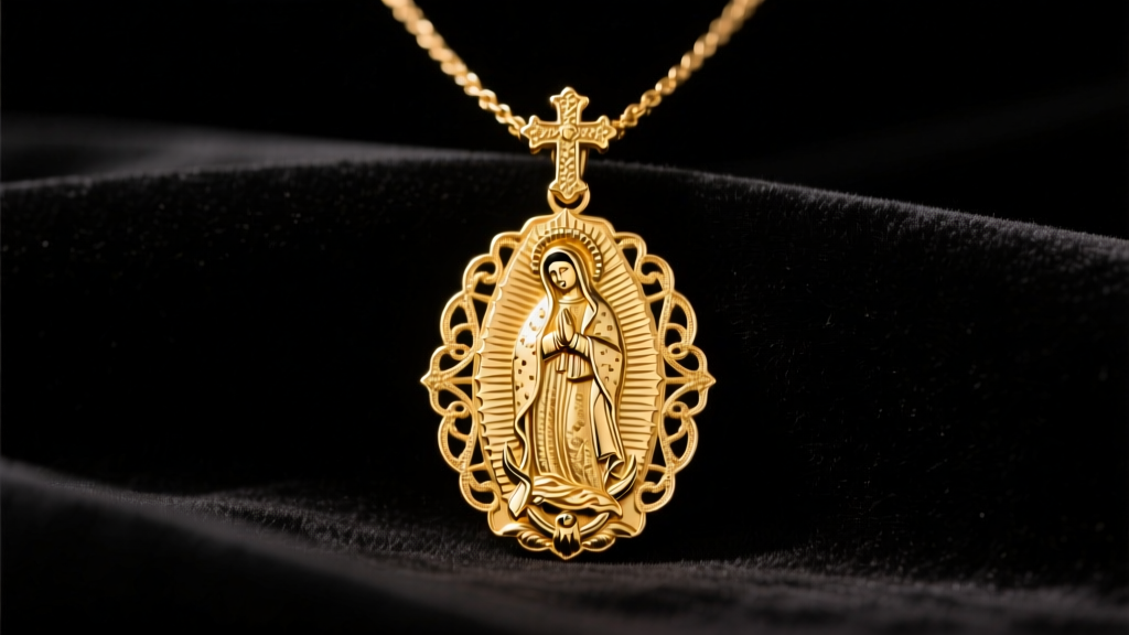 14k solid gold Our Lady of Guadalupe medal necklace resting on dark velvet, illuminated by soft warm directional studio lighting