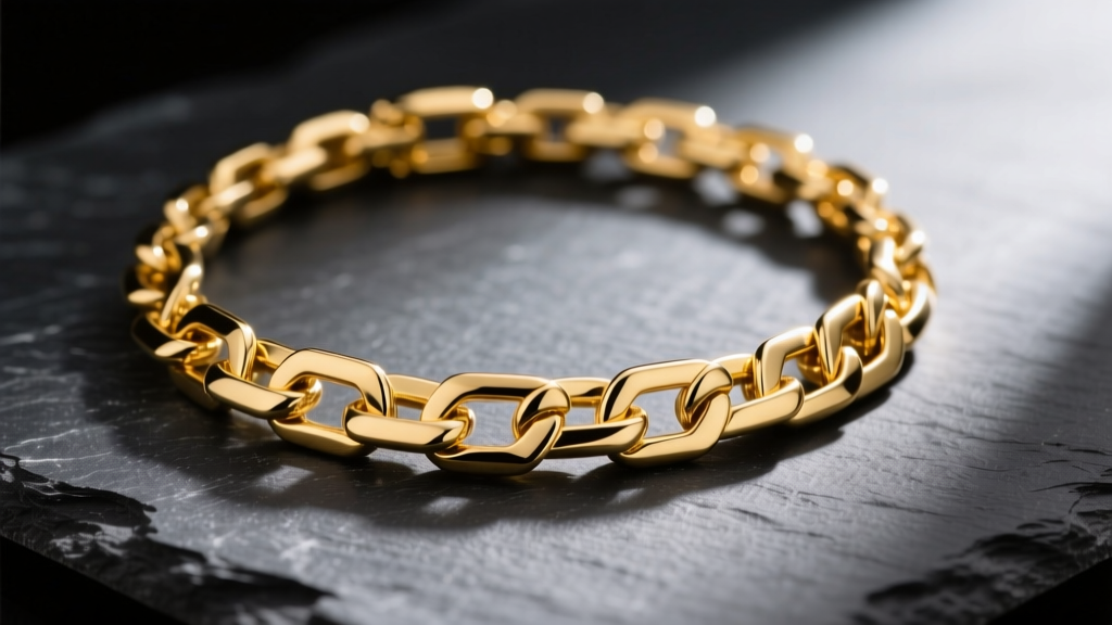 Close-up of a thick 14k yellow gold New York link necklace on dark slate, highlighting the interlocking geometric chain pattern.