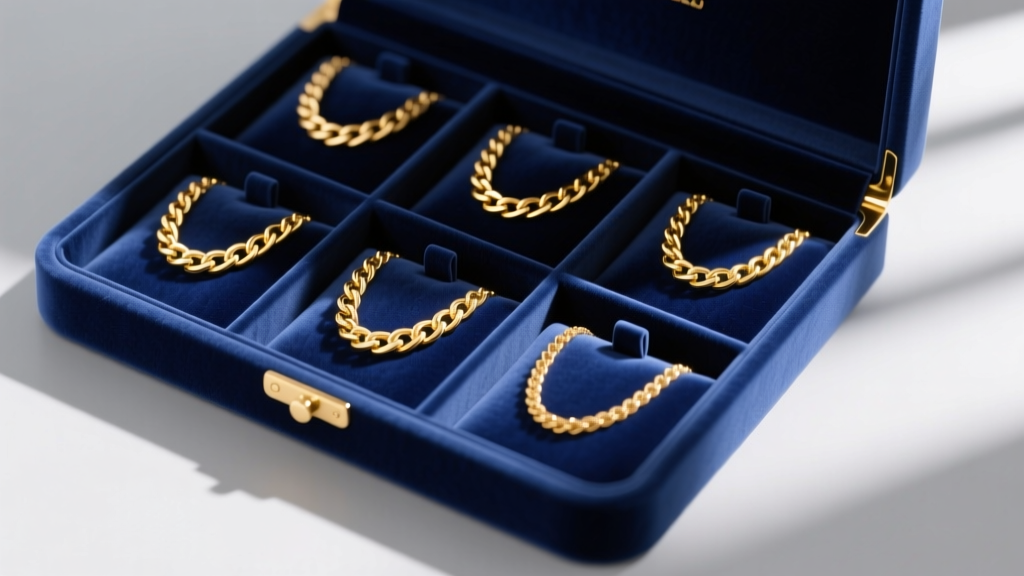 Organized jewelry box showing individual velvet compartments, each holding a separate polished gold chain to prevent tangling.