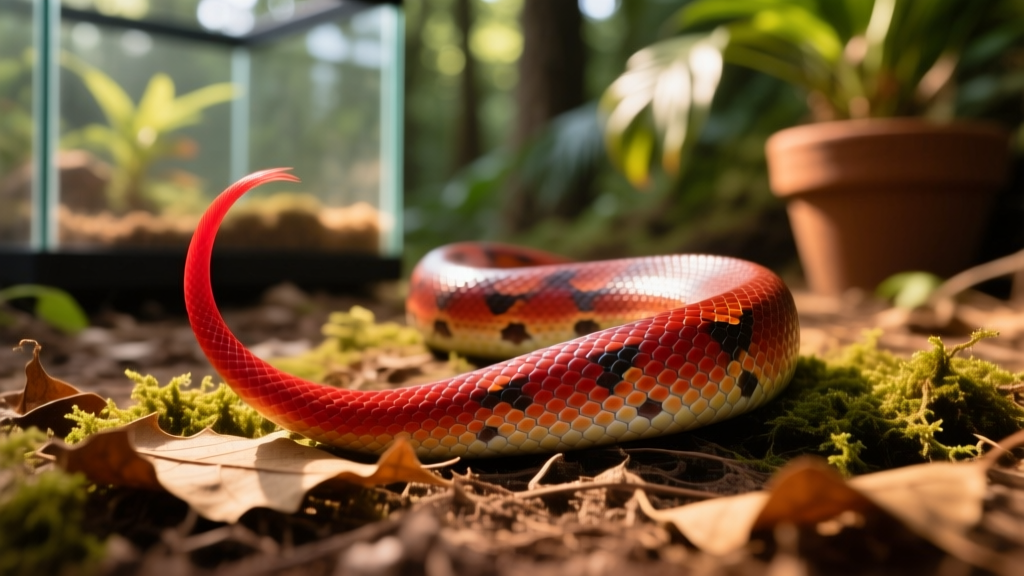 Close-up of a red-tailed boa’s distinctive crimson tail tip against natural substrate