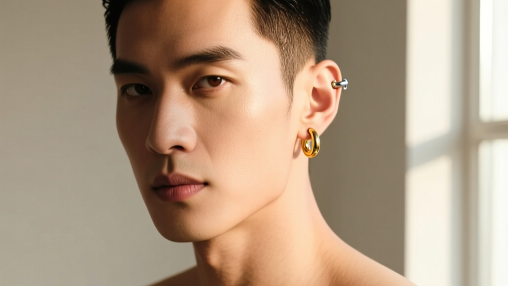 Portrait of a man with earrings, wearing a 14k gold lobe stud and a 16-gauge titanium helix hoop in soft lighting