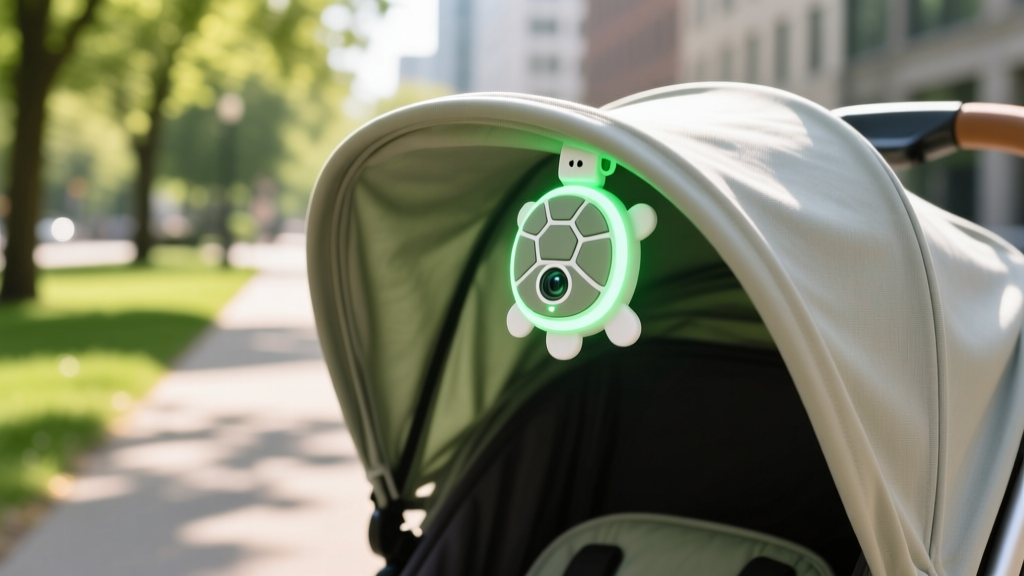 Small turtle-shaped UV sensor clipped to a stroller canopy, glowing with a soft green LED to indicate safe sun exposure levels outdoors.