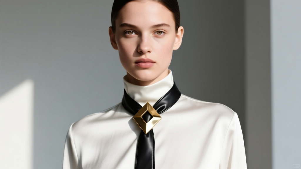 Editorial portrait of a model wearing a black leather cowboy tie necklace with a brass geometric slide over a white silk blouse