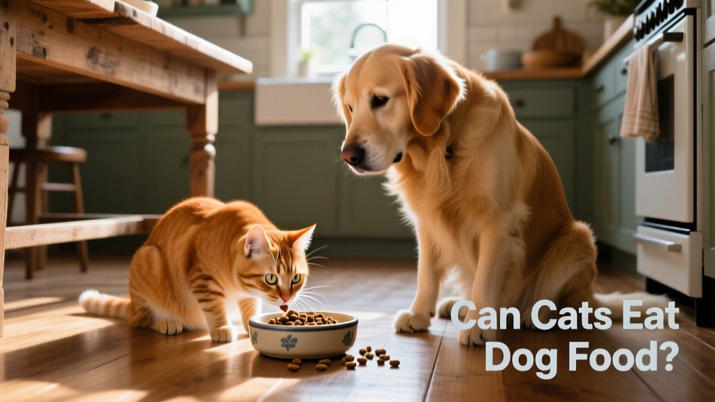 A curious cat sniffing at a dog's food bowl while the dog looks on