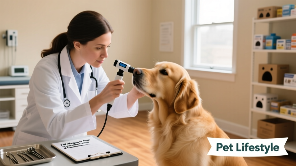 Veterinarian examining a dog's ears while holding a digital otoscope, in a clean clinic setting