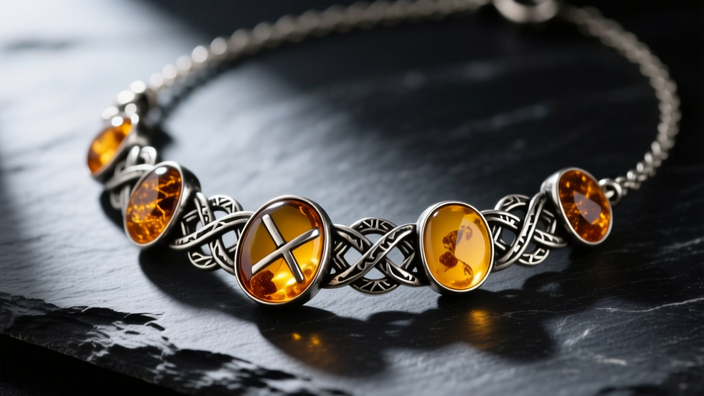 Macro shot of a Norse Freya necklace with raw amber cabochons set in oxidized sterling silver knotwork, resting on dark slate.