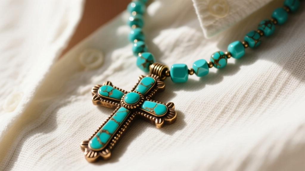 Close-up of a handmade Ayala Bar cross necklace featuring turquoise glass beads and oxidized brass resting on a linen shirt.