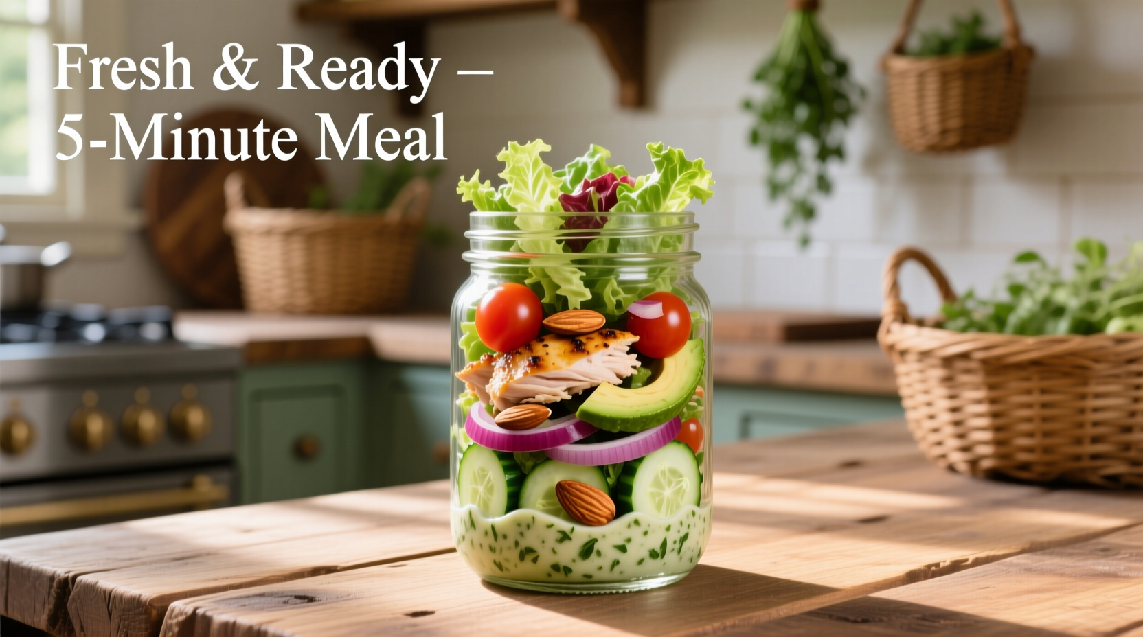 Rotisserie chicken salad in mason jar with fresh ingredients