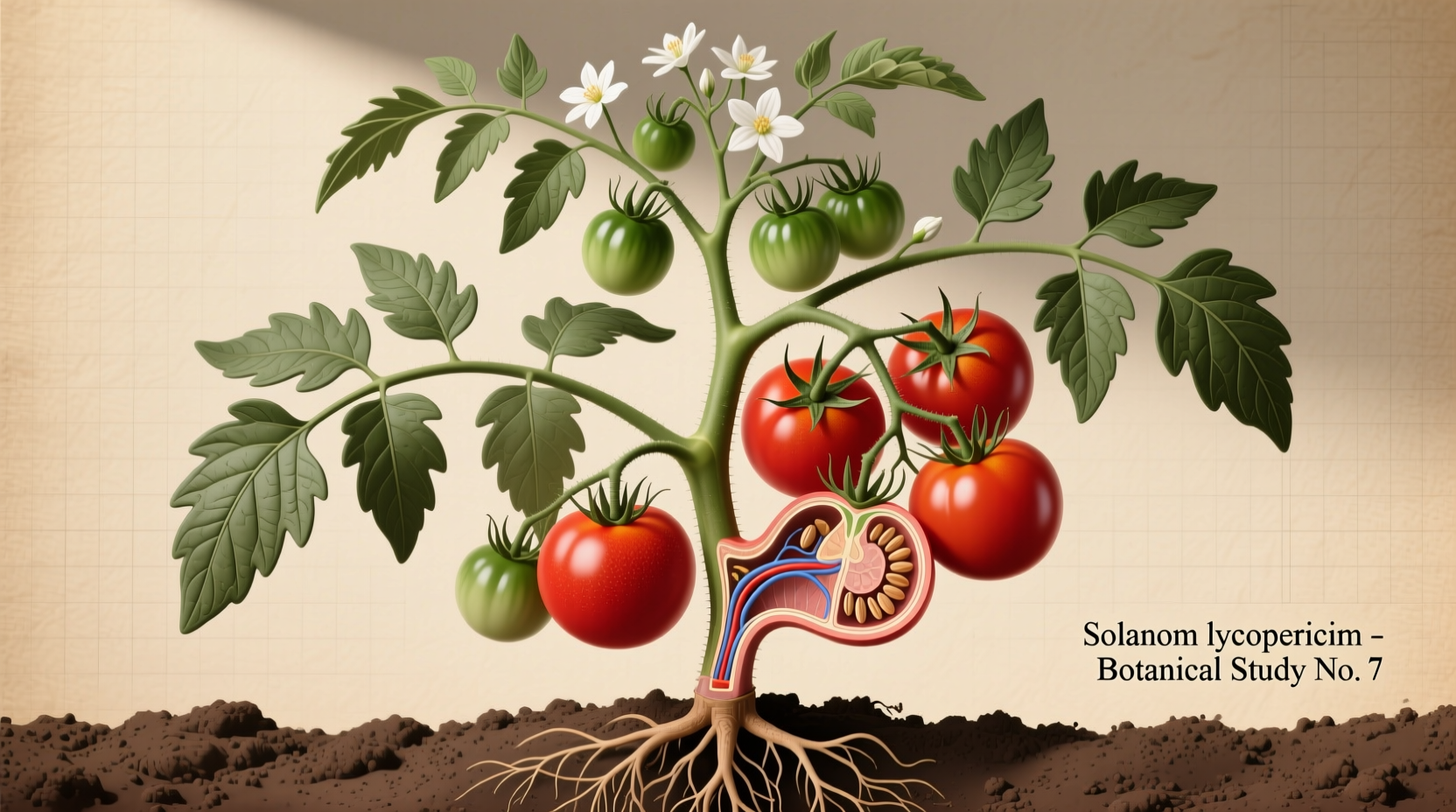 Tomato plant with ripe fruit showing botanical structure