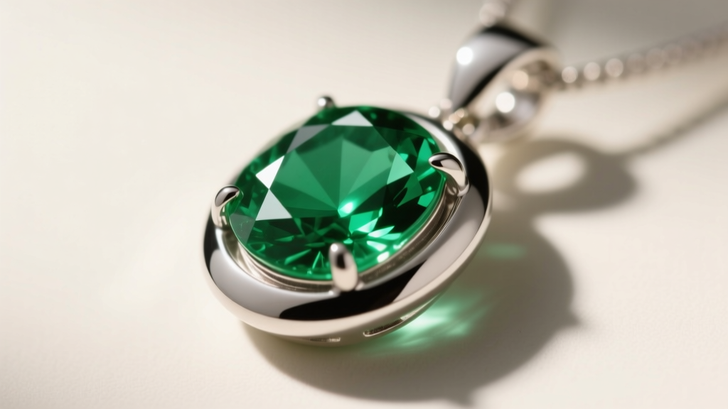Side view of an emerald pendant in a platinum bezel setting, showing the protective metal rim wrapping the fragile green gem edges.