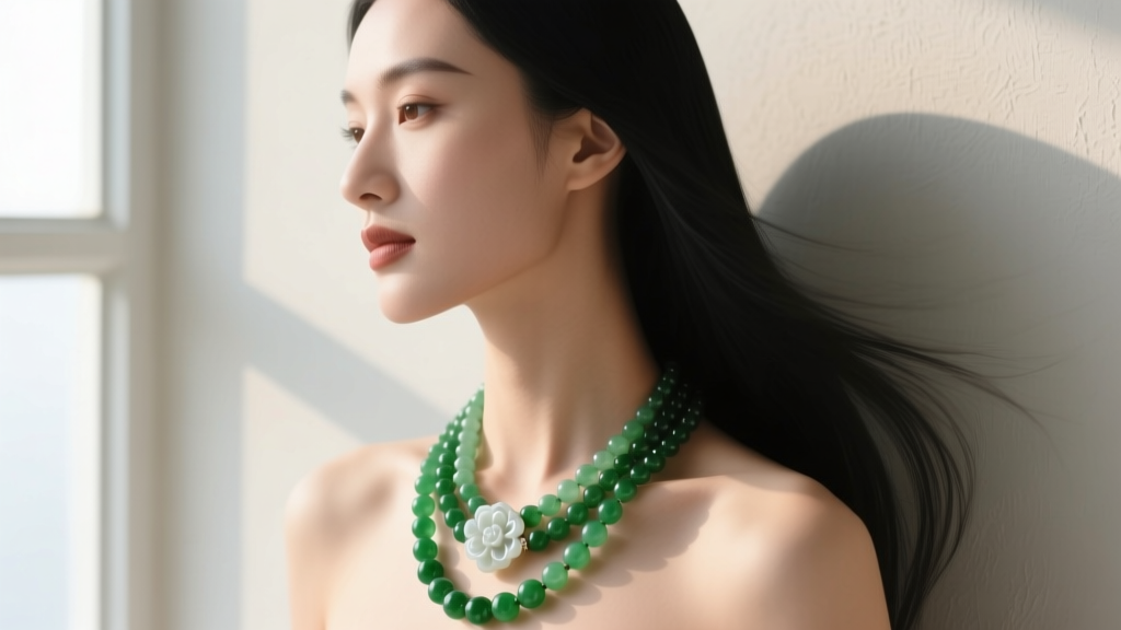 Woman wearing a multi-strand nephrite bead necklace with a carved white jade clasp, photographed in soft natural window light