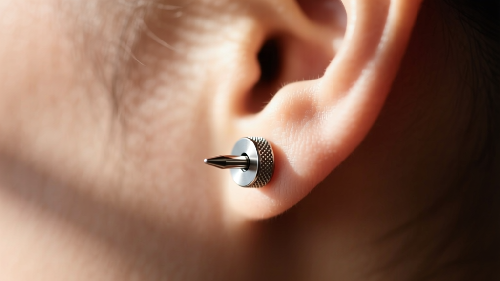 Side profile of 14g internally threaded titanium spikeball earring on lower lobe showing proper weight distribution and flush fit