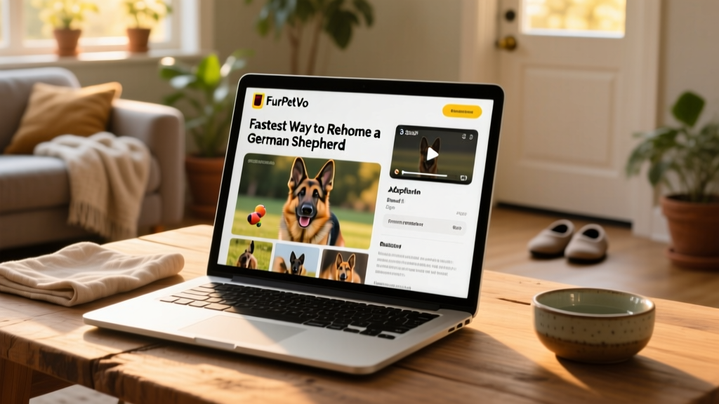 A laptop screen showing a well-designed FurPetVo pet profile with photos, video thumbnail, and adoption details