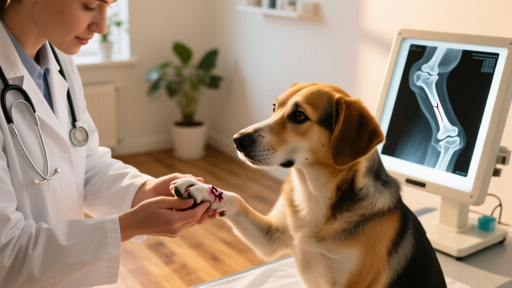 Veterinarian carefully examining a dog's paw while holding it gently, with X-ray film visible nearby