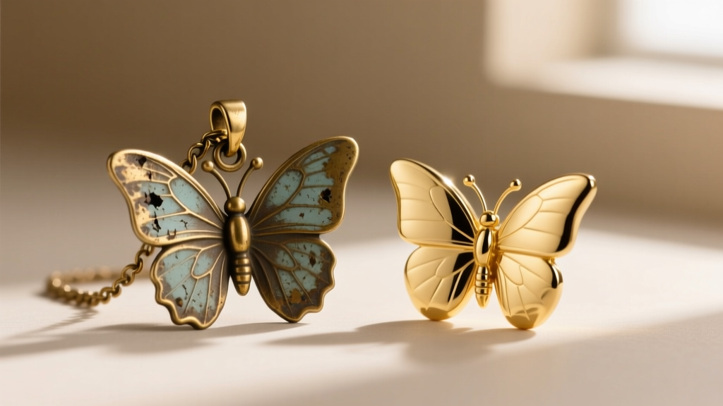Macro shot of a tarnished brass butterfly pendant next to a pristine 18k gold version, highlighting edge wear and clasp details