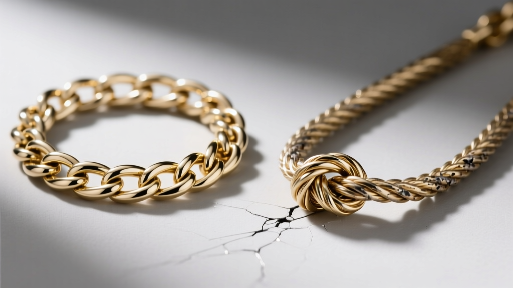 Pristine 14k white gold cable chain next to one showing metal fatigue and micro-fractures from a severe knot under bright light.