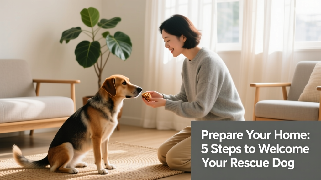 A person kneeling beside a calm, attentive rescue dog, gently offering a treat during a short, positive training session in a tidy living room