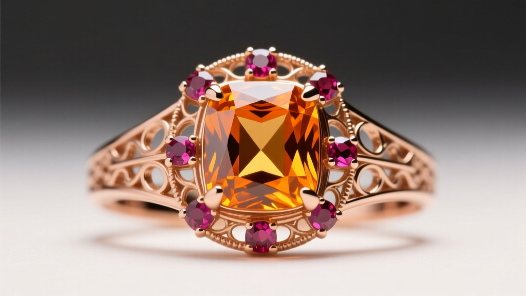 Close-up of a 1940s retro rose gold ring with a large step-cut citrine and synthetic ruby accents under warm, soft studio light