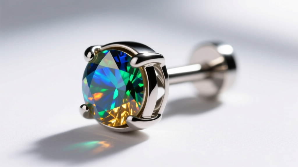Macro shot of a 16-gauge implant-grade titanium cartilage stud with a bezel-set opal, highlighting the mirror-polished finish.