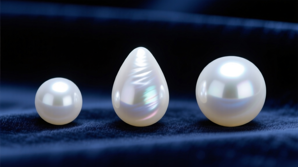 Macro shot of three white teardrop pearls sized 10mm, 14mm, and 18mm, resting side-by-side on dark navy velvet.