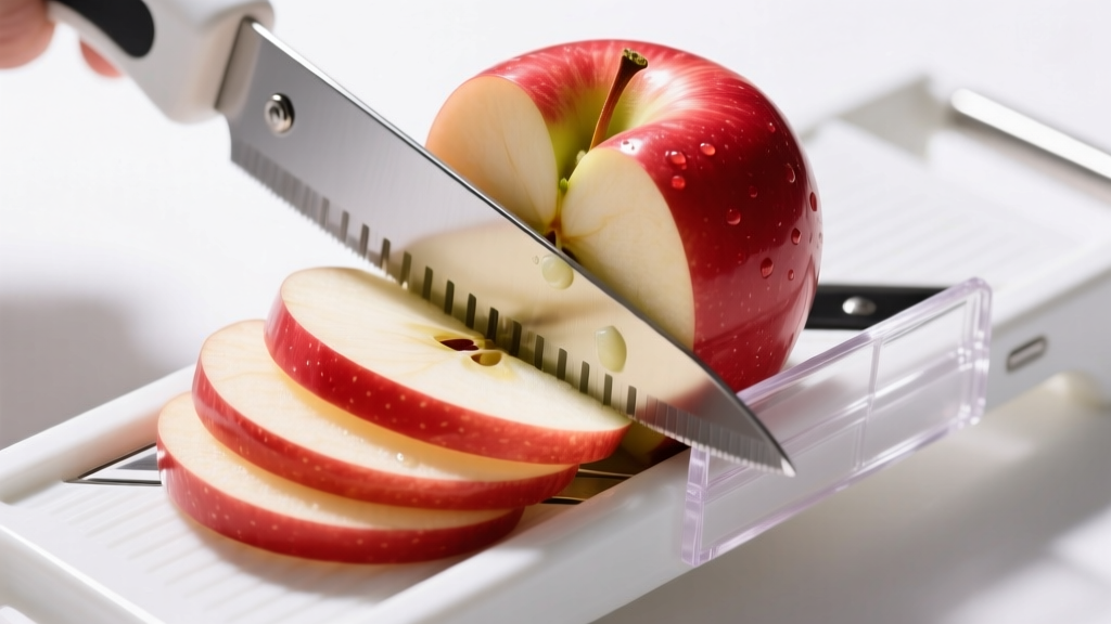 Overhead shot of a V-blade mandoline slicer evenly cutting a red apple into thin translucent slices using a plastic safety guard